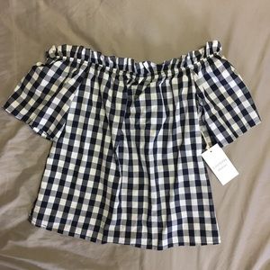 Navy Gingham Off The Shoulder Top